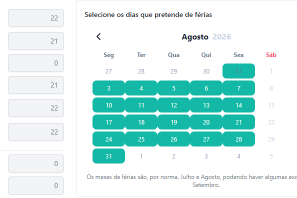 Introdução dos dias de férias pelo docente